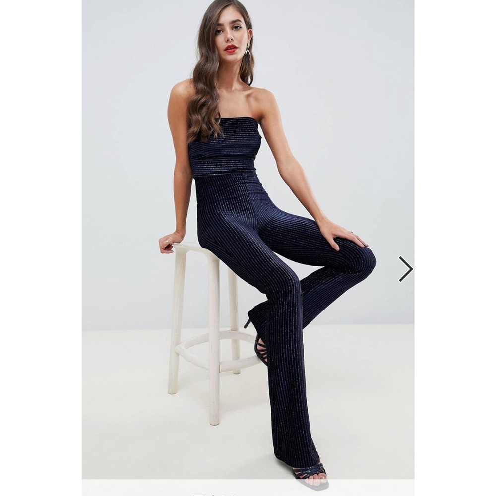 NWT Flounce London Velvet Bandeau Jumpsuit Black Cobalt Striped Sz 8 Disco Glam
